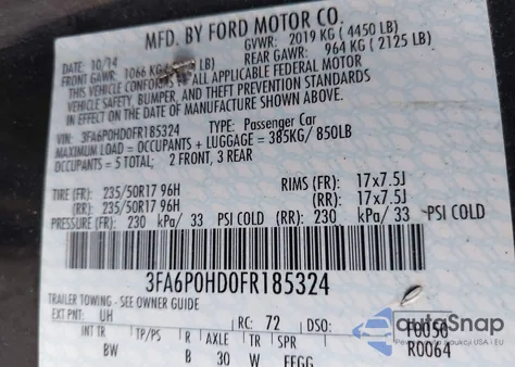 2015 Ford Fusion Se z USA, uszkodzony, nr VIN 3FA6P0HD0FR185324